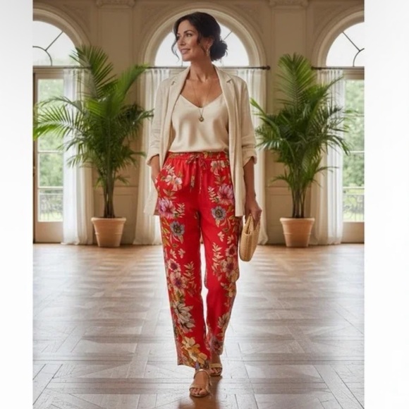 Johnny Was AurielaDrawstring Elastic Waist Red Floral Boho Wide Leg Pants XL